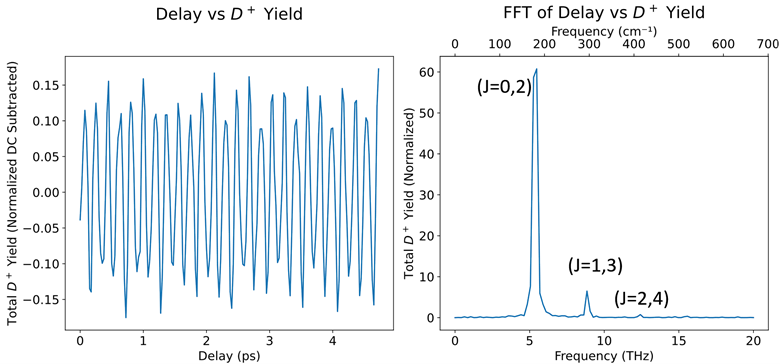 Figure 3: Plots for the alignment of D_2 showing the rotational dynamics (left). We can also see which rotational energy levels have been populated by our pump pulse by using a Fourier transform and the selection rules for D_2 (right). Figure 3: Plots for the alignment of D_2 showing the rotational dynamics (left). We can also see which rotational energy levels have been populated by our pump pulse by using a Fourier transform and the selection rules for D_2 (right).
