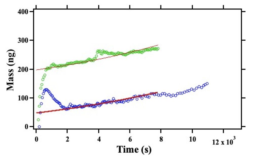 Mass curves and fits of minerals grown in soil supernatants. The estimated growth rates were commensurate with our expectations.