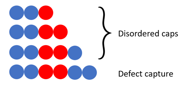 The disordered cap is wherever there is disordered binding not “captured” by two blues. Blue-blue unbinding is very unfavorable. The disordered cap is wherever there is disordered binding not “captured” by two blues. Blue-blue unbinding is very unfavorable.